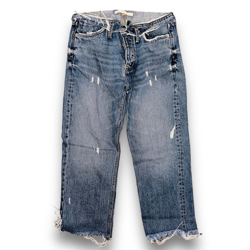 P1 Zara Fold over Boyfriend Jeans Denim Distressed Size 4 Crop Flare